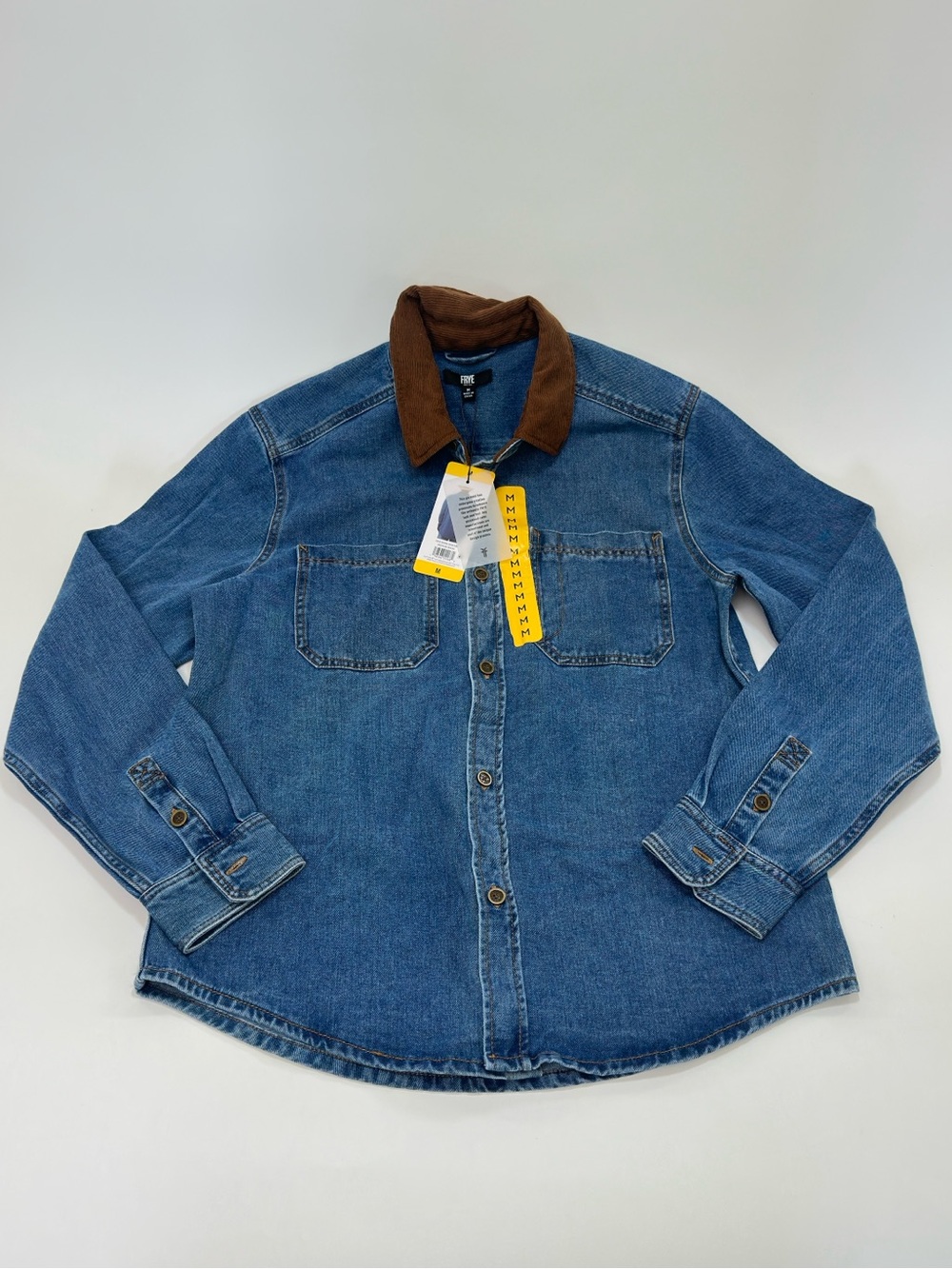 Frye Blue Denim Shirt Jacket with Brown Corduroy Collar